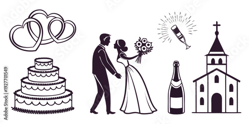A joyous wedding celebration with cake, rings, and a church in the background Vector
