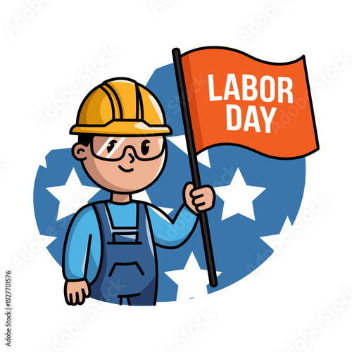 Labor Day Worker Holding Flag with Stars and Hard Hat