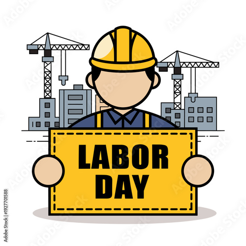Labor Day Construction Worker Character with Yellow Banner