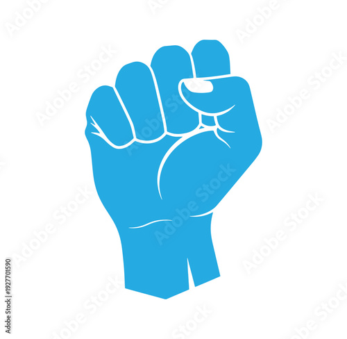 blue fist raised up in protest or solidarity one hand