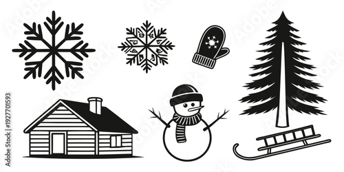 A delightful winter scene featuring a house, snowman, snowflakes, and a tree. Vector