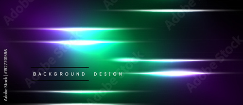 Abstract neon lights create vibrant gradient. Horizontal lines suggest speed, energy, modern aesthetic. Dark background emphasizes glowing elements.