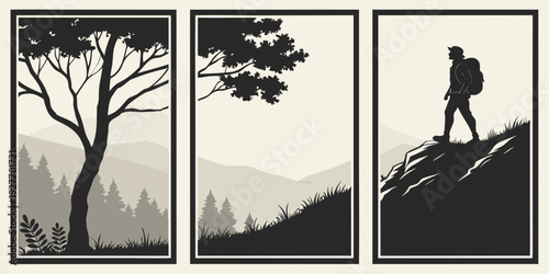 A serene triptych of nature's beauty, from trees to mountains and a lone hiker. Vector