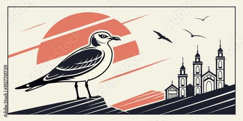 A bird standing on a beach at sunset with a city skyline in the background Vector