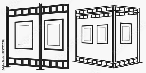 A vintage film strip with three frames depicting a cityscape and a building Vector