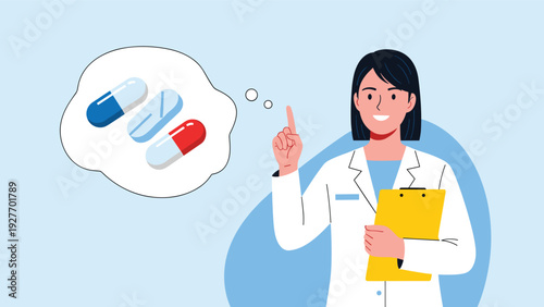 Female doctor in a white coat holding a clipboard and thinking about different types of medical pills and capsules in a thought bubble.