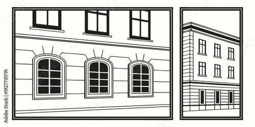 Two distinct buildings showcasing different architectural styles and window designs Vector