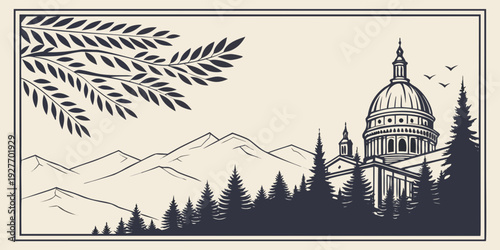 A serene landscape with a majestic building atop a hill surrounded by trees. Vector
