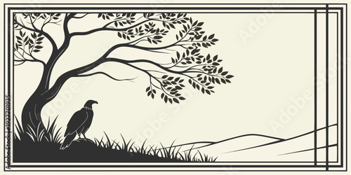 A serene landscape with a lone tree on a grassy hill under a clear sky. Vector