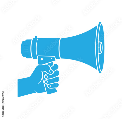 blue hand holding a megaphone for announcing or advertising purposes effectively