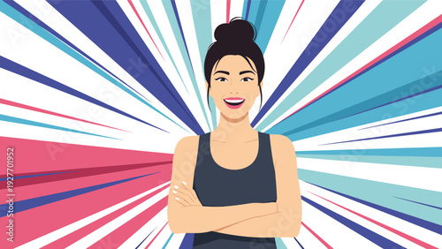 Portrait of a smiling young woman with her arms crossed standing in front of a dynamic colorful burst pattern of pink, blue, and white rays.