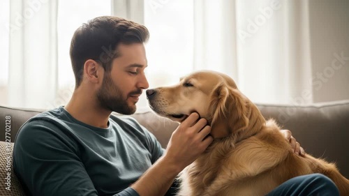 Man Seated On Couch Is Gently Touching Noses With His Golden Retriever Expressing Affection Connection With Soft Daylight Streaming In For Pet Bonding