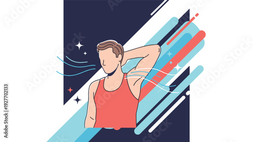 Athletic man in a red tank top showing fresh and clean underarms with abstract lines symbolizing breeze and freshness.