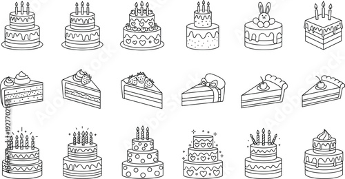 Birthday cake outline icons vector set with sweet dessert slices and celebration pastry line art collection
