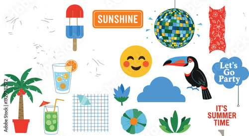 Summer vacation elements vector set with sunshine popsicle tropical plants cocktail and party decorations illustration