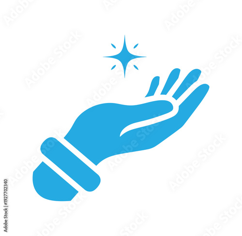 blue hand with sparkle above palm up gesture  symbol of good luck or fortune