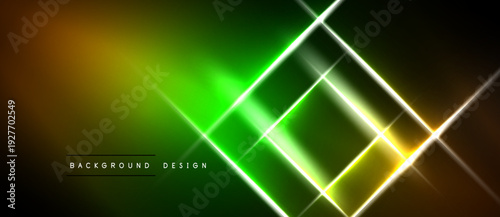 Vibrant neon lines form geometric shapes over dark background. Gradient colors blend from orange to green. Modern abstract design.