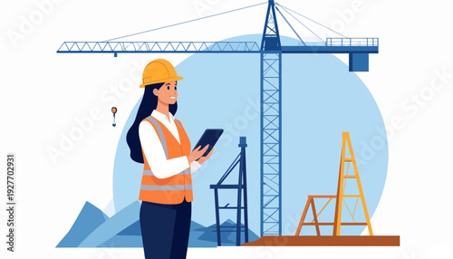 A female engineer in a hard hat and vest holding a tablet at a construction site with a large crane and scaffolding.