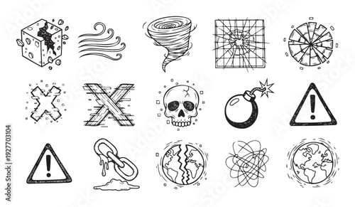 Diverse collection of hand drawn warning and destruction icons featuring natural phenomena environmental damage broken elements and risk indicators suitable for educational or alert