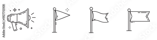 Modern line icons for communication and achievement featuring a megaphone and various flag shapes, suitable for business presentations, marketing materials, and goalsetting applications.