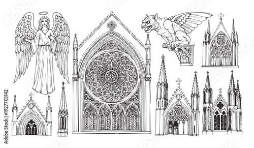 Collection of gothic architectural elements like church facades, rose window, spires, gargoyle, and an angel drawing suitable for historical and spiritual themed publications or media