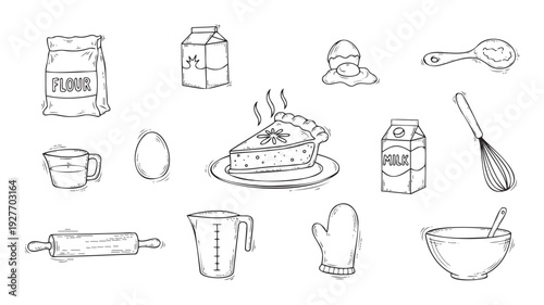 A charming collection of baking ingredients and essential kitchen tools in a handdrawn doodle style, perfect for illustrating recipes, cooking blogs, foodrelated educational content, or