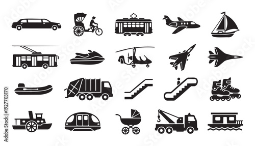 Diverse collection of transportation and movement icons including vehicles, public transit, and personal mobility for graphic design and travel related projects