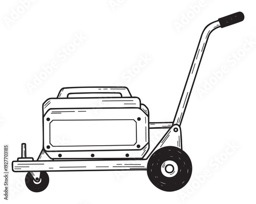 A heavy duty industrial hand truck moving a portable power generator, perfect for construction site logistics, equipment transportation, and reliable emergency power applications.