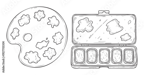 Classic painter palette with various color blobs and an open watercolor paint box displaying individual pigment pans suitable for education and creative projects