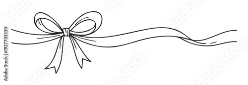 A hand drawn black outline bow and flowing ribbon, perfect for adding a decorative touch to celebration greetings, gift wrapping, invitations, or holiday season announcements.
