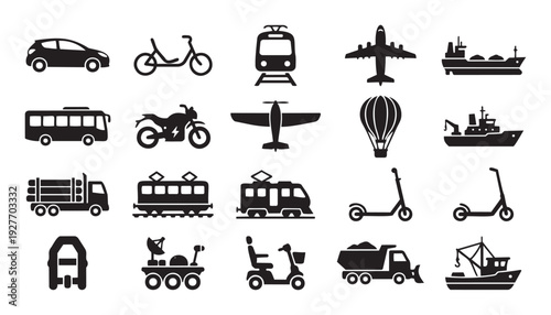 Transportation modes and vehicles collection featuring various forms of travel including land, air, and water vessels for global logistics and passenger movement applications