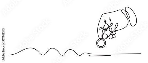 Black continuous line sketch portraying a human hand precisely holding a circular coin above a drawn baseline, conveying financial transactions, investment strategies, or the initial