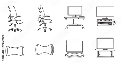 Ergonomic office furniture and computer accessories icon set for health and wellness guides, modern workspace design, and productivity resource materials.