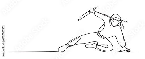 Dynamic one line artwork capturing a ninja in a powerful low stance with a blade, perfect for illustrating concepts of agility, precision, and covert operations in various media
