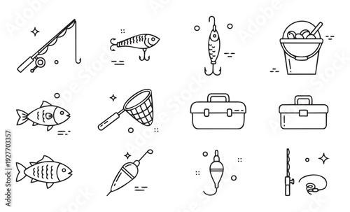 A collection of essential fishing equipment icons featuring angling tools, fish, and bait buckets, perfect for graphic resources, web applications, print materials, and digital projects