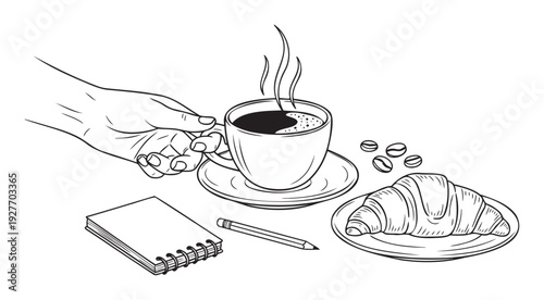 A hand holds a steaming cup of coffee alongside a fresh croissant, coffee beans, a notebook, and a pencil, ideal for depicting a morning routine, breakfast meal, or a productive study break.