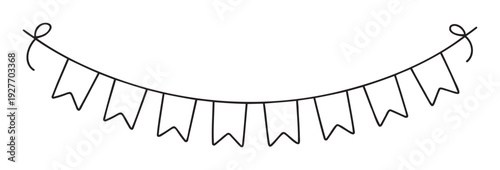 Simple outline drawing of a celebratory pennant banner garland with small tied bows, perfect for creating festive party decorations or cheerful graphic accents for various events.