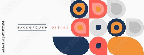 Abstract geometric shapes overlap, creating modern background design. Colors include orange, blue, gray. Minimalist aesthetic.