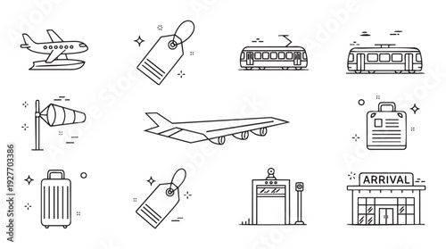 Collection of travel and transportation outline icons featuring seaplane modern jet trams luggage and airport arrival building for tourism and journey related projects