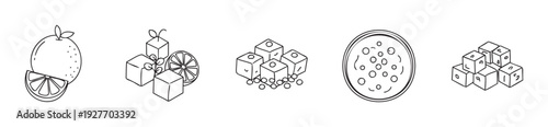 Outline icons displaying a fresh orange, sweet sugar cubes, traditional Turkish delight, a sprinkled cookie, and game dice, useful for culinary and gaming digital media projects.