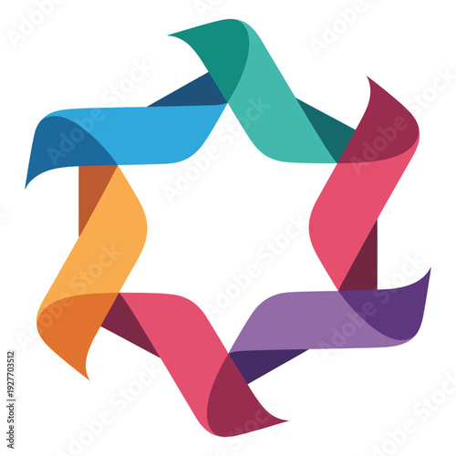 Colorful abstract with five intertwined curved ribbons in blue green orange red and purple