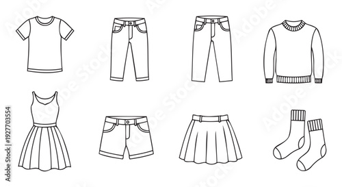 Outline drawings of essential apparel including shirts, pants, shorts, skirts, a dress, and socks, useful for educational purposes, graphic resources, and simple wardrobe representation.