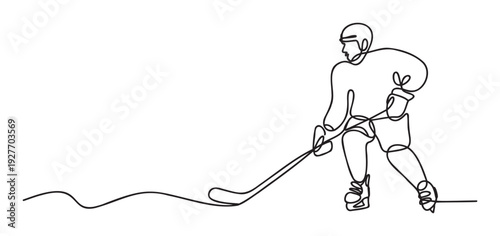 Simple continuous line drawing of an ice hockey player ready to shoot a puck, perfect for athletic club branding, winter sport marketing campaigns, or competitive game promotions.