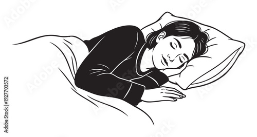 A peaceful woman is comfortably sleeping in her bed, representing tranquility and the importance of good rest for various health and wellness applications