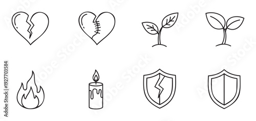 Outline icons representing broken and mended hearts, fresh plant growth, a burning candle with fire, and protective shields, useful for illustrating concepts of resilience, vulnerability,