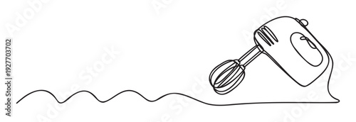 Minimalist one line drawing of a hand mixer featuring a whisk attachment, perfect for culinary blogs, recipe guides, kitchen equipment advertisements, and baking accessory visuals.
