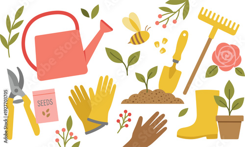 Colorful gardening elements set vector illustration, cute watering can bee rose gloves boots trowel seeds flower for spring nature hobby designs