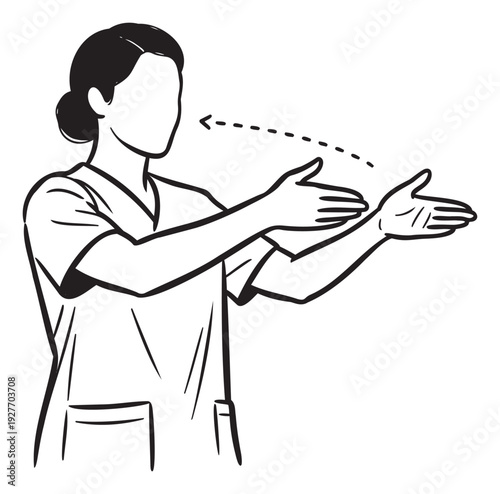 A healthcare professional demonstrates a specific gesture with her hands moving towards her face, indicating breathing or communication, suitable for medical instruction and public health