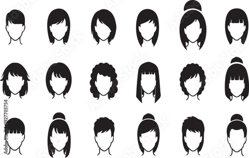 Diverse collection of women's hairstyles, including bobs, bangs, and updos.