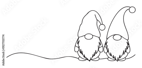 Continuous line drawing of two cute winter gnomes wearing pointy hats and long beards, perfect for holiday greetings and seasonal decor products.